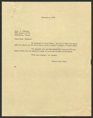 [Letter from Harris Leon Kempner to Mrs. J. Kellner, January 5, 1960]