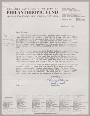 [Letter from The American Council for Judaism Philanthropic Fund, March 6, 1961]