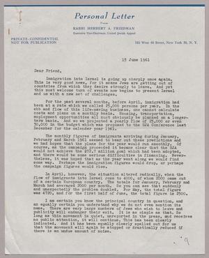 [Letter from Rabbi Herbert A. Friedman of the United Jewish Appeal, June 15, 1961]
