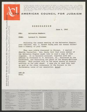 Letter from Leonard R. Sussman to Galveston Members of the American Council for Judaism, June 4, 1962