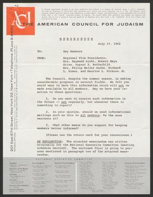 [Memorandum addressed to Key Members of the American Council for Judaism, July 17, 1962]