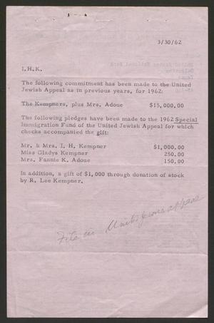 [Letter from United Jewish Appeal to I. H. Kempner, March 30, 1962]