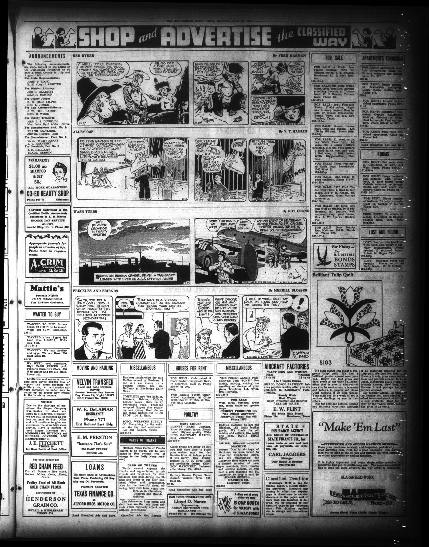 Henderson Daily News (Henderson, Tex.), Vol. 12, No. 135, Ed. 1 Monday, August 24, 1942
                                                
                                                    [Sequence #]: 7 of 8
                                                