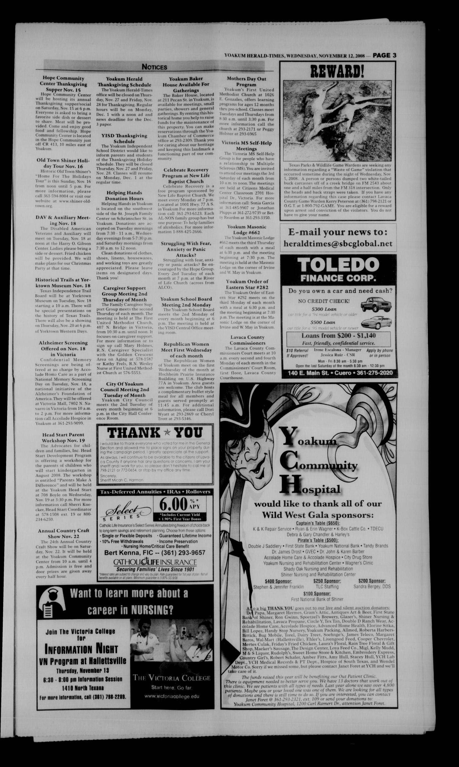 Yoakum Herald-Times (Yoakum, Tex.), Vol. 116, No. 46, Ed. 1 Wednesday, November 12, 2008
                                                
                                                    [Sequence #]: 3 of 14
                                                