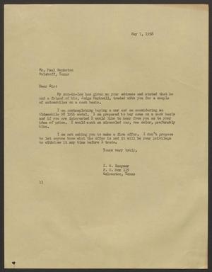 Primary view of object titled '[Letter from I. H. Kempner to Mr. Paul Bankston - May 7, 1956]'.