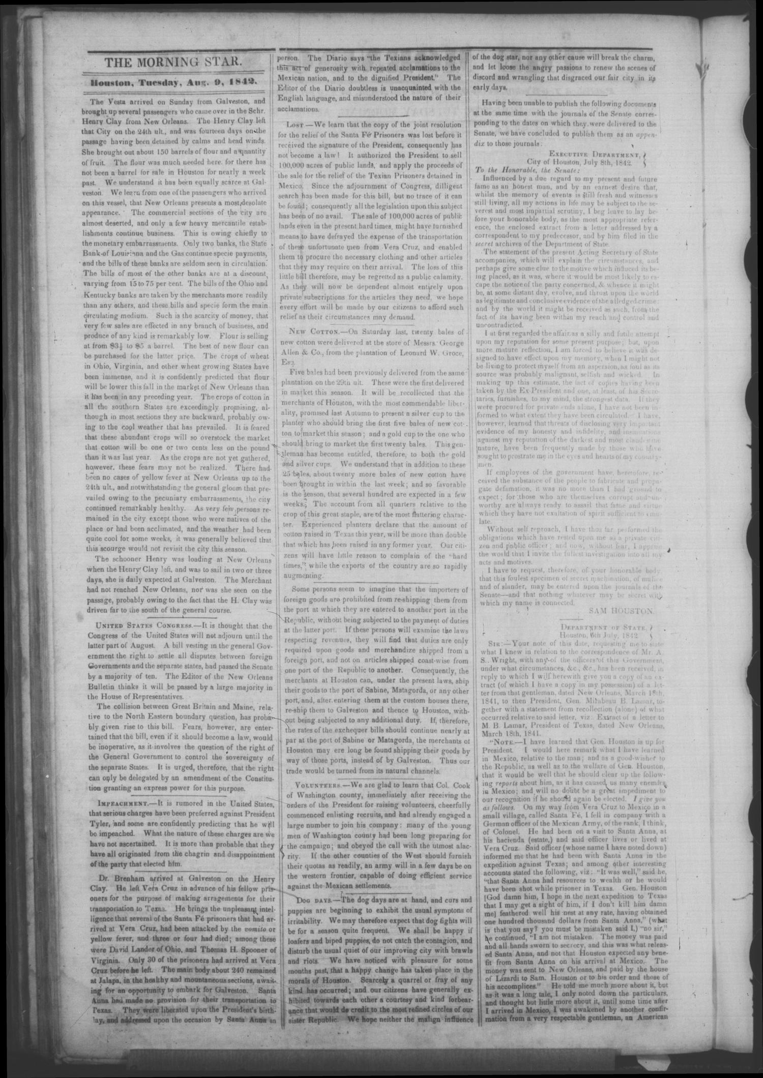 The Morning Star. (Houston, Tex.), Vol. 4, No. 379, Ed. 1 Tuesday, August 9, 1842
                                                
                                                    [Sequence #]: 2 of 4
                                                