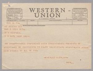 [Telegram from Neveille H. Colson to I. H. Kempner, March 3, 1951]