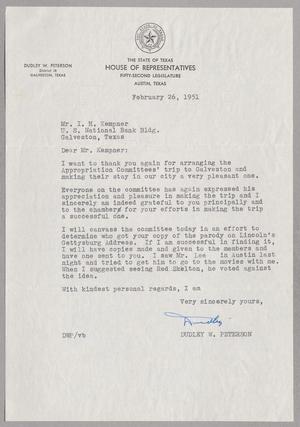 [Letter from Dudley W. Peterson to I. H. Kempner, February 26, 1951]