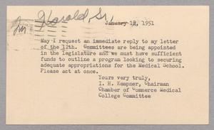 [Card from Isaac H. Kempner to Pfeiffer Electric Company, January 18, 1951]