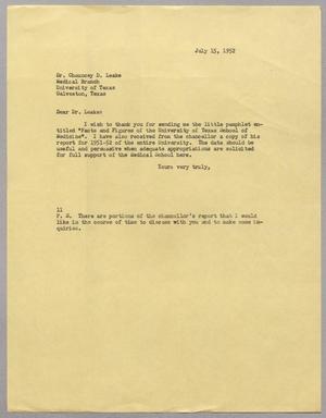 [Letter from I. H. Kempner to Chauncey D. Leake, July 15, 1952]