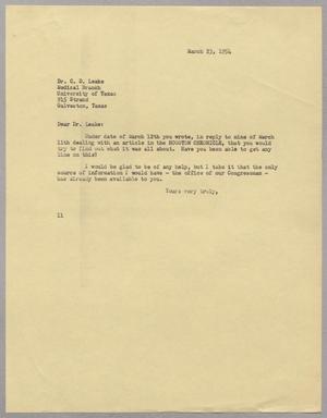 [Letter from Isaac H. Kempner to C. D. Leake, March 23, 1954]