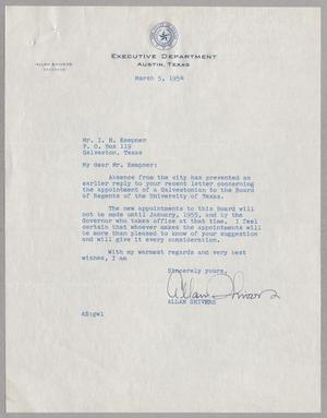 [Letter from Allan Shivers to I. H. Kempner, March 5, 1954]