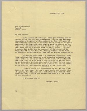 [Letter from I. H. Kempner to Allan Shivers, February 10, 1954]