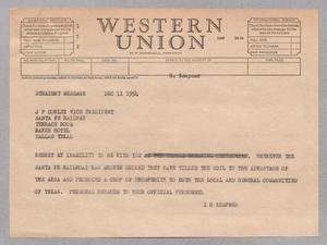Primary view of object titled '[Telegram from Isaac H. Kempner to J. P. Cowley, December 11, 1954]'.