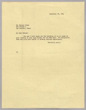 [Letter from Isaac Herbert Kempner to Herman Cohen, September 28, 1954]