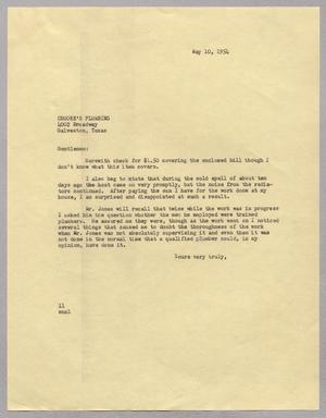 Primary view of object titled '[Letter from Isaac H. Kempner to Chouke's Plumbing, May 10, 1954]'.