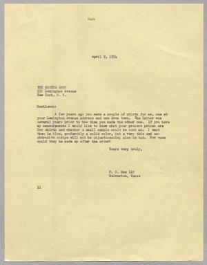 [Letter from Isaac H. Kempner to The Custom Shop, April 9, 1954]