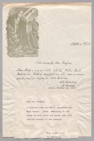 Primary view of object titled '[Letter from M. Dobrynski to Mr. Kempner, October 10, 1954]'.