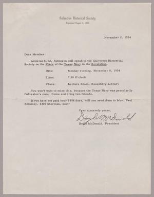 [Letter from Galveston Historical Society, November 2, 1954]