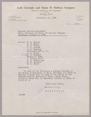 [Letter from Gulf, Colorado and Santa Fe Railway Company to I. H. Kempner, September 27, 1954]