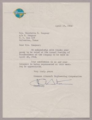 [Letter from Grumman Aircraft Engineering Corporation to Henrietta Blum Kempner, April 19, 1954]