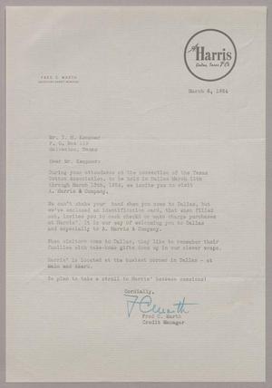 [Letter from A. Harris & Company to I. H. Kempner, March 6, 1954]