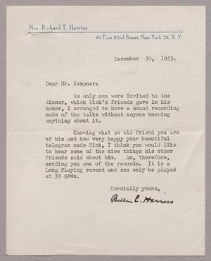 [Letter from Belle C. Harriss to I. H. Kemper, December 30, 1953]
