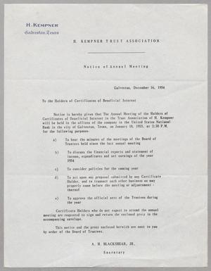 [Notice from H. Kempner Trust Association, December 19, 1954]