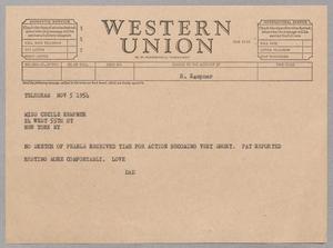 [Telegram from I. H. Kempner to Cecile Kempner, November 5, 1954]