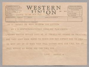 [Telegram from Harris L. Kempner to Isaac H. Kempner, August 26, 1954]