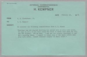 [Internal Correspondence from A. H. Blackshear, Jr. to I. H. Kempner, February 12, 1954]