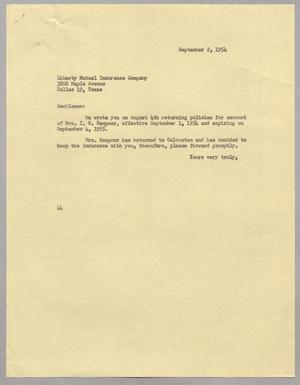 [Letter from A. H. Blackshear, Jr. to Liberty Mutual, September 2, 1954]