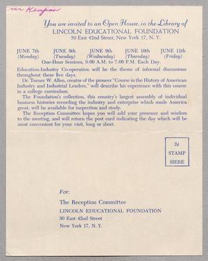 [Postal Card from the Lincoln Educational Foundation to I. H. Kempner, May 25, 1954]