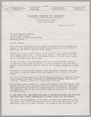[Letter from B. K. Patterson to I. H. Kempner, September 17, 1954]