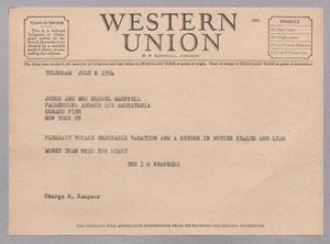 [Telegram from Isaac H. Kempner to Judge and Mrs. Russel Markwell, July 6, 1954]