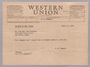 [Telegram from Isaac H. Kempner to Mr. and Mrs. Tom McCarthy, March 17, 1954]
