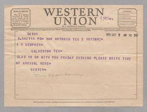 [Telegram from Hattie Oppenheimer to I. H. Kempner, October 5, 1954]