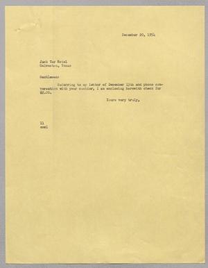 [Letter from Isaac Herbert Kempner to Jack Tar Hotel, December 20, 1954]
