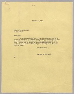 [Letter from Isaac H. Kempner to Republic National Bank, November 5, 1954]