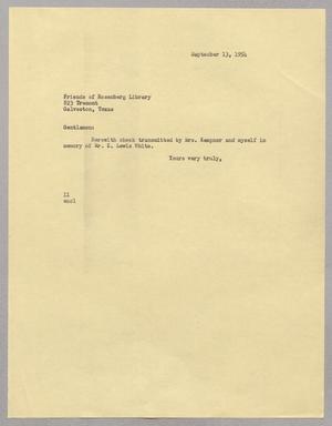 [Letter from Isaac H. Kempner to the Friends of Rosenberg Library, September 13, 1954]