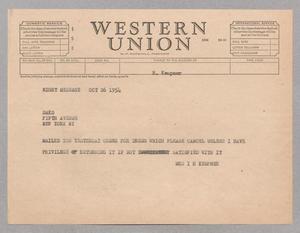 [Telegram from Henrietta Kempner to Saks Fifth Avenue, October 26, 1954]