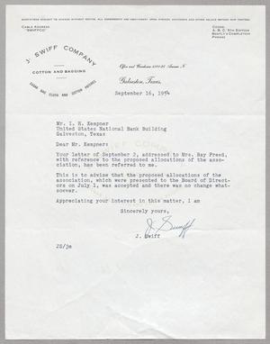 [Letter from J. Swiff to I. H. Kempner, September 16, 1954]