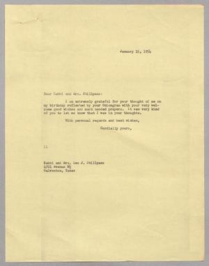 Primary view of object titled '[Letter from I. H. Kempner to Rabbi and Mrs. Leo J. Stillpass, January 15, 1954]'.