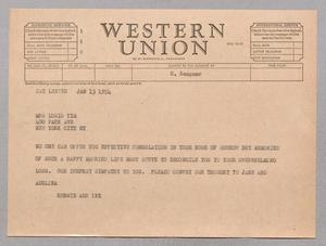 [Telegram from Henrietta and Isaac H. Kempner to Mrs. Louis Tim, January 13, 1954]