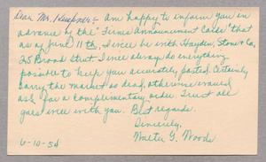 [Postal Card from Walter G. Woods to Harris Leon Kempner, June 10, 1954]