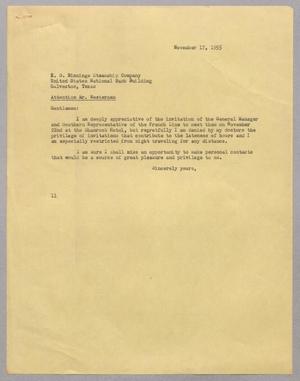[Letter from Isaac H. Kempner to E. S. Binnings Steamship Company, November 17, 1955]