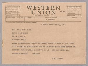 [Telegram from Isaac H. Kempner to B'Nai Brith Men's Club, March 3, 1954]
