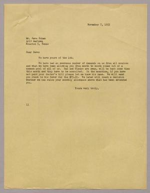 [Letter from I. H. Kempner to Mr. Dave Cohen, November 7, 1955]