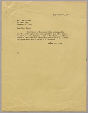 [Letter from A. H. Blackshear, Jr. to Mr. David Cohen, September 29, 1955]