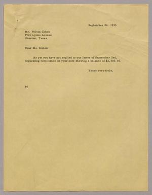 [Letter from A. H. Blackshear, Jr. to Wilton Cohen, September 24, 1955]